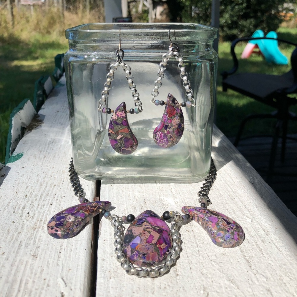 NWOT Boho Purple Stone&Chain Handmade Jewelry Set